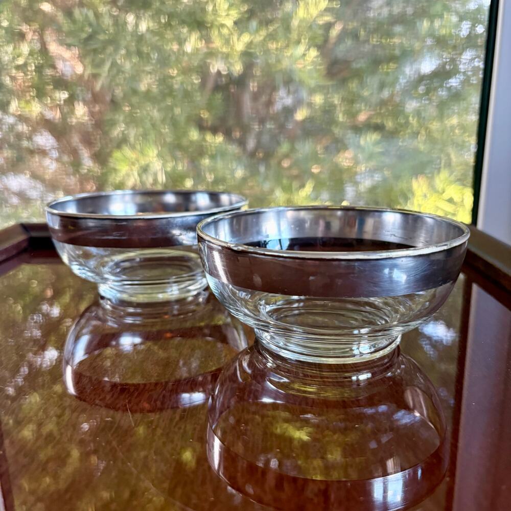 Dorothy Thorpe Glass Pedestal Dessert Bowls Silver Rim Set of 2 Mid Century